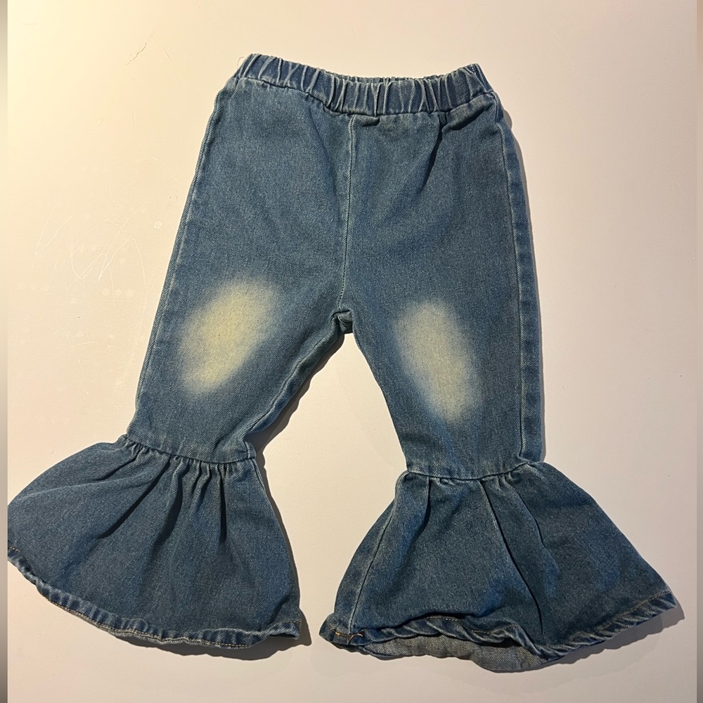 18-24mos SHEIN Girls Blue Washed Ruffle Bell-Bottom Jeans